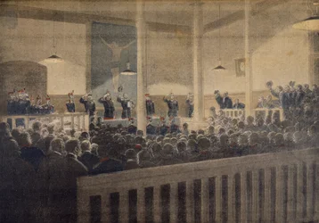 Majoor Esterhazy voor de krijgsraad, leest de beslissing, illustratie uit de geïllustreerde bijlage van Le Petit Journal, 23 januari 1898